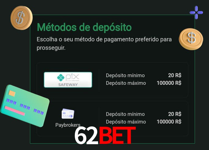 O cassino 62Bet oferece uma grande variedade de métodos de pagamento